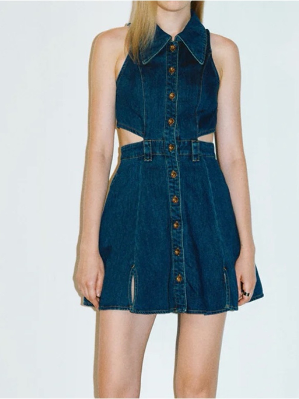 Denim Button-Front Cutout Dress - Blue - Picture 7 of 8